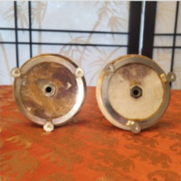 Pair of Hollywood Regency Marble/Onyx & Brass Candle Holders Approx 6 inches - Picture 4 of 4